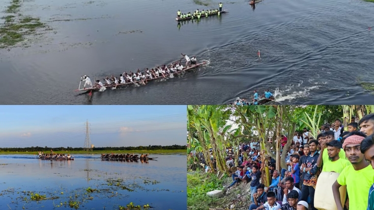ঢোল-কাঁসরের তালে কুষ্টিয়ার বহলবাড়িয়া বিলে জমজমাট নৌকাবাইচ